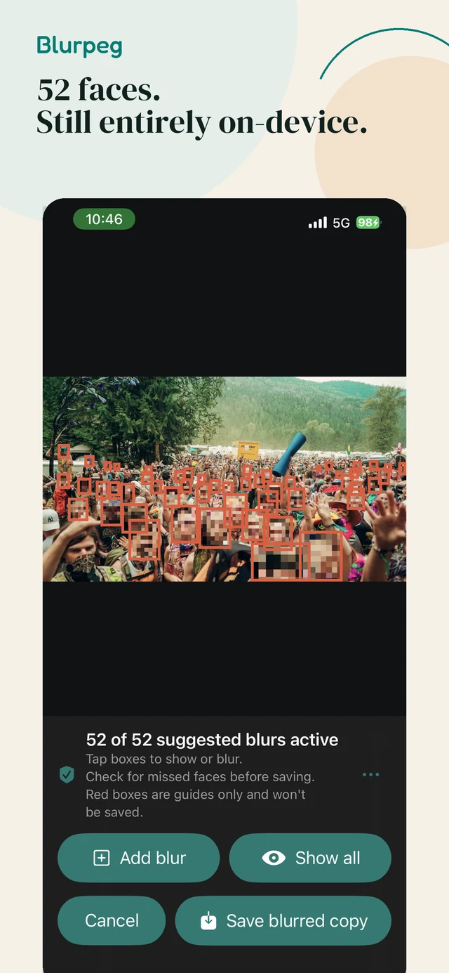 Blurpeg crowd-photo review with suggested face regions and mosaic blurs