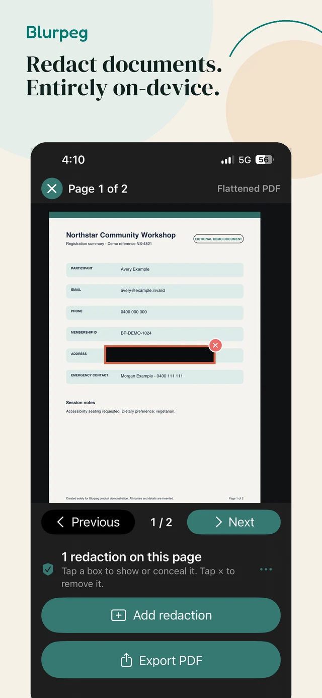 Blurpeg manual PDF redaction over an address in a fictional demonstration document