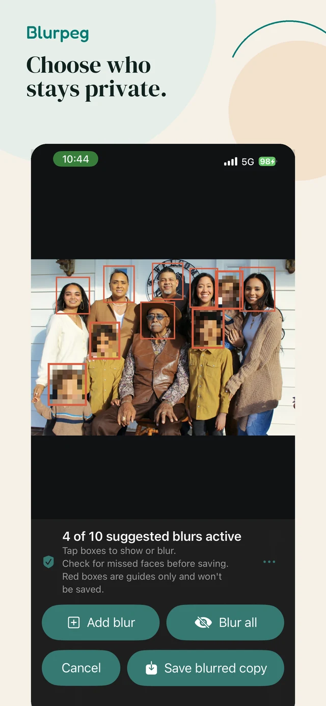 Blurpeg photo review with some faces blurred and others left visible